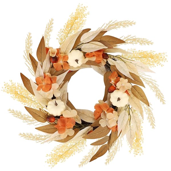 winemana Fall Wreath Decor Wreaths for Front Door Thanksgiving Indoor Decorations, 21.6 Inch Autumn Wreath with White Pumpkin for Table Home Outdoor Farmhouse Harvest Decor