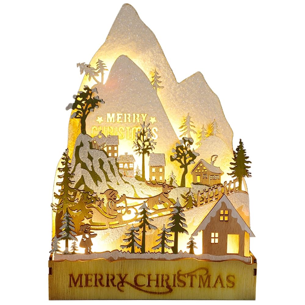 winemana Christmas Lighted Table Decorations, 9.4" x 6.7" Merry Christmas Snowy Village, Battery-Operated Wooden Tabletop Ornaments for Home Kitchen Fireplace Office Desk Indoor Holiday Decor