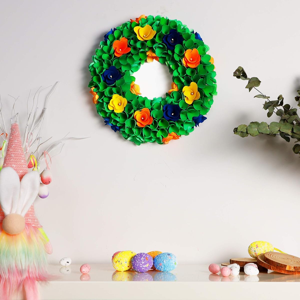 winemana Spring Wreath, Made of Piece of Wood, 13in Artificial Wreath with Leaves and Colorful Flower, for Front Door, Windows, Walls, Corridors - imagem de detalhe 5