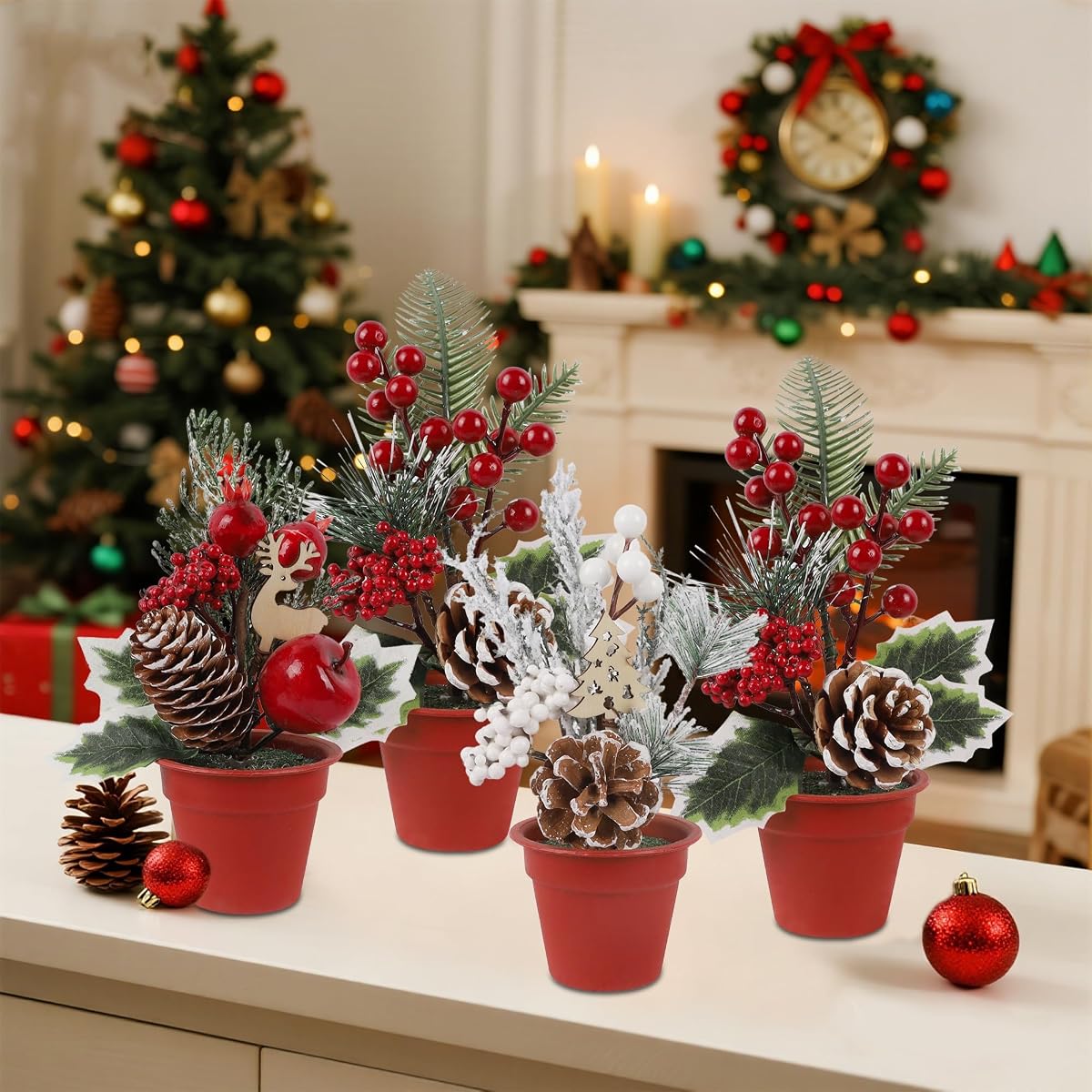 winemana Mini Christmas Tree Table Decorations, 6 Pcs Small Artificial Tree with Pine Cones & Red Berry, Holiday Tabletop Centerpiece for Home Kitchen Room Mantel Winter Party Decor - imagen de detalle 3
