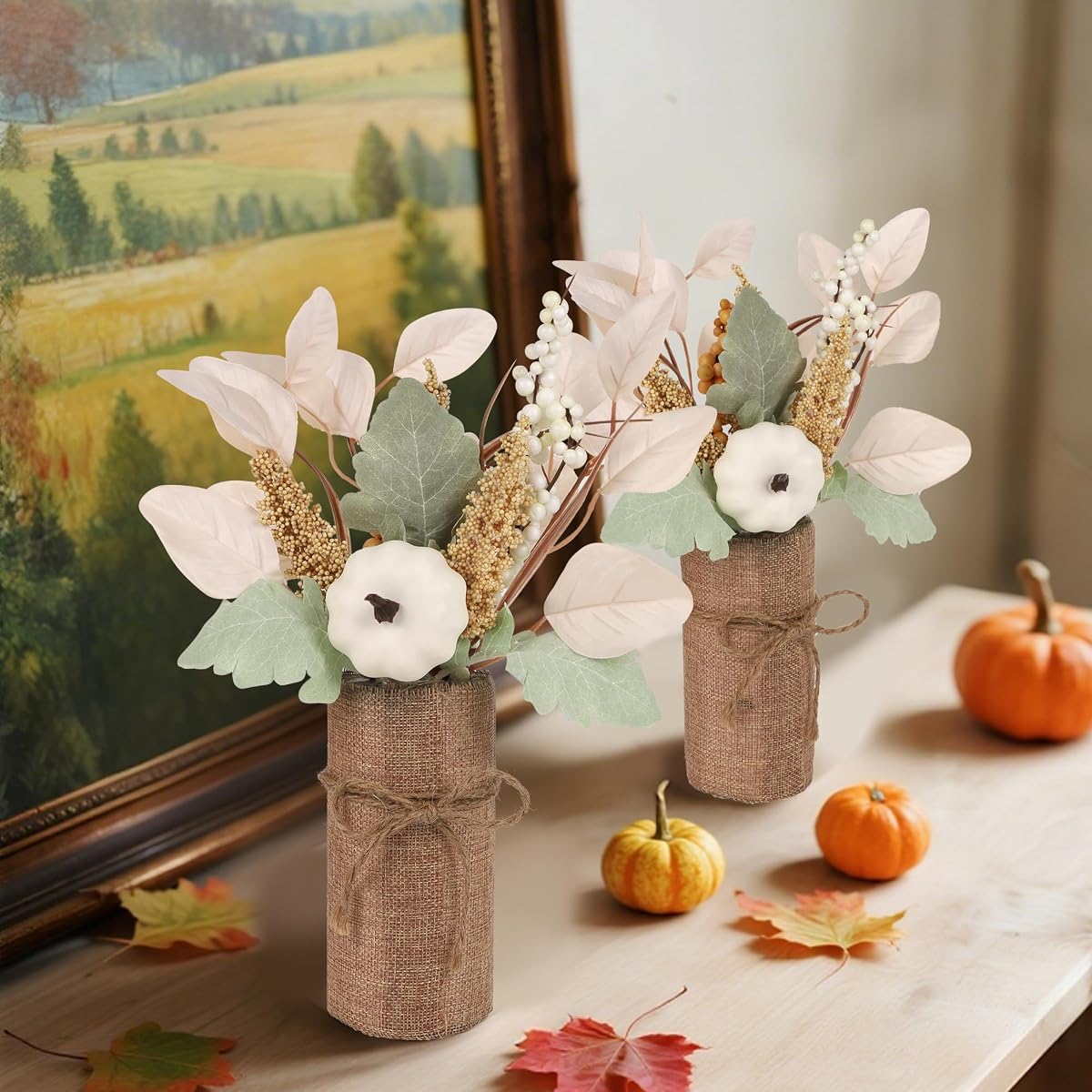 winemana 2 Pack Fall Table Decor, Fake Pumpkin Leaf Berry Dining Table Centerpiece Thanksgiving Decorations for Harvest Wedding Room Home Farmhouse Porch - imagem de detalhe 1