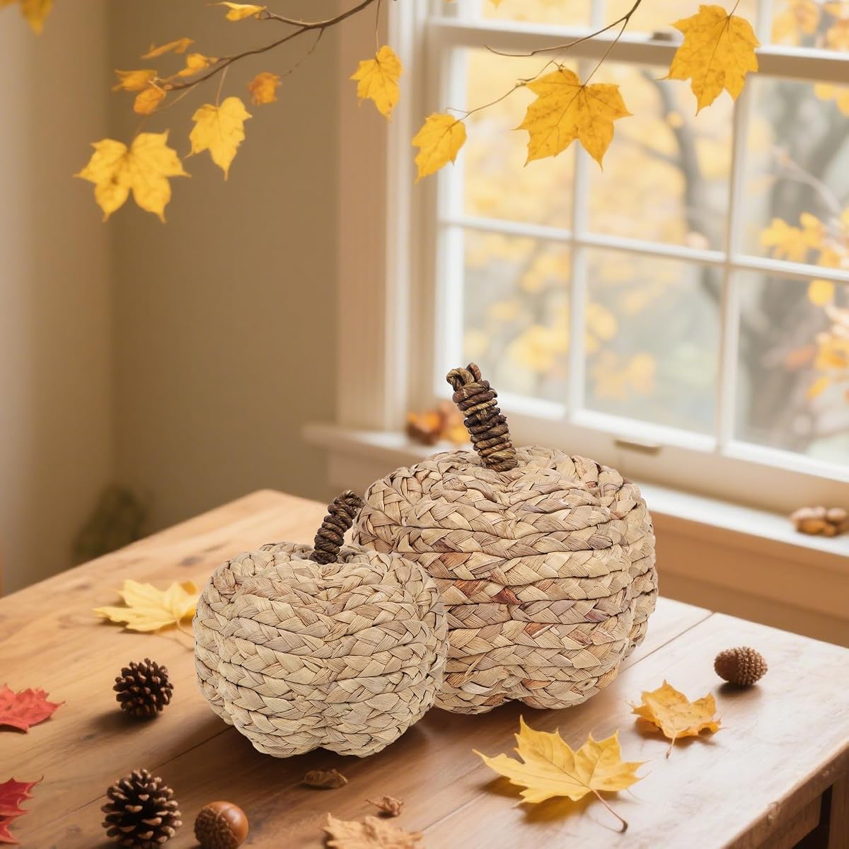 winemana 2 Pack Pumpkin Fall Decor, Woven Wicker Pumpkins for Home, Beige - imagen de detalle 4