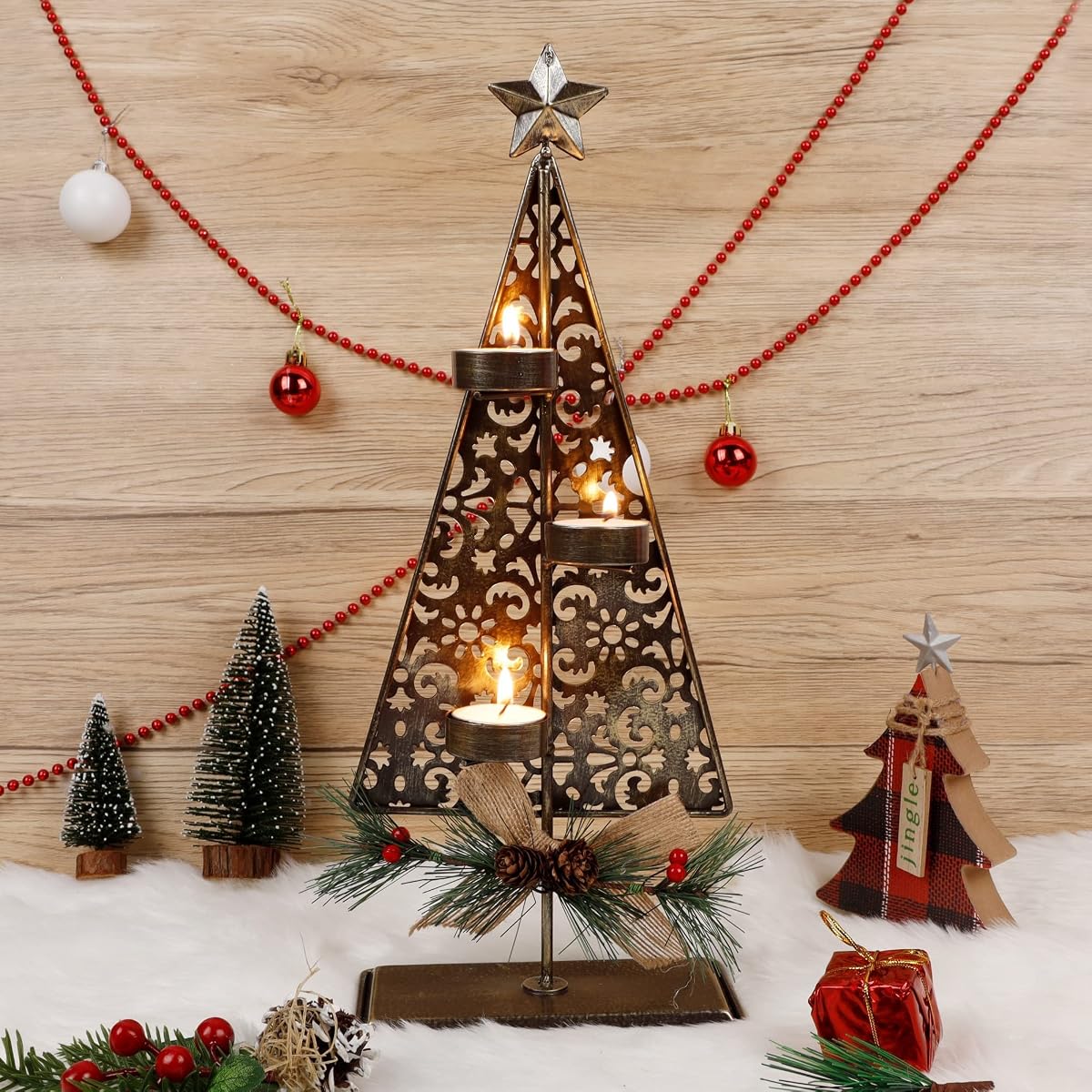 winemana Tea Light Candle Holders, Christmas Decoration Xmas Tree Metal Tealights Candleholder with Pinecones, Christmas Tabletop Centerpieces for Home Kitchen Fireplace Mantle Holiday Party Decor - imagem de detalhe 3