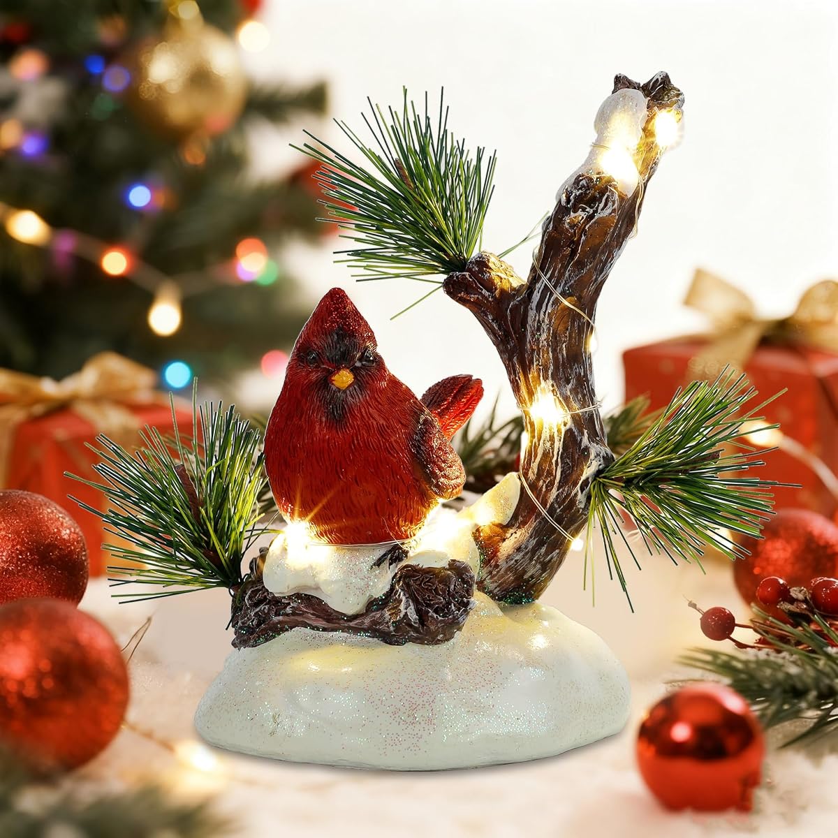 winemana Christmas Tabletop Decorations, LED Lights Cardinal Resin Ornament, Lighted Red Bird on Snowy Pine Tree Holiday Decor for Indoor Home Table Desk Kitchen Room Xmas Party - imagen de detalle 5