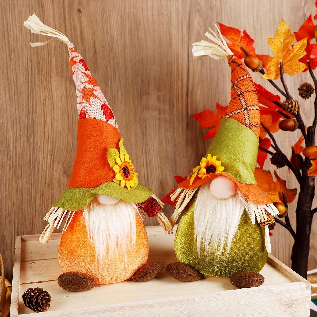 winemana Thanksgiving Decorations Set of 2 Gnomes with LED Lights, Swedish Tomte Gnomes Dwarf Tabletop Decor for Fall Harvest Home Kitchen Decor - detail image 3