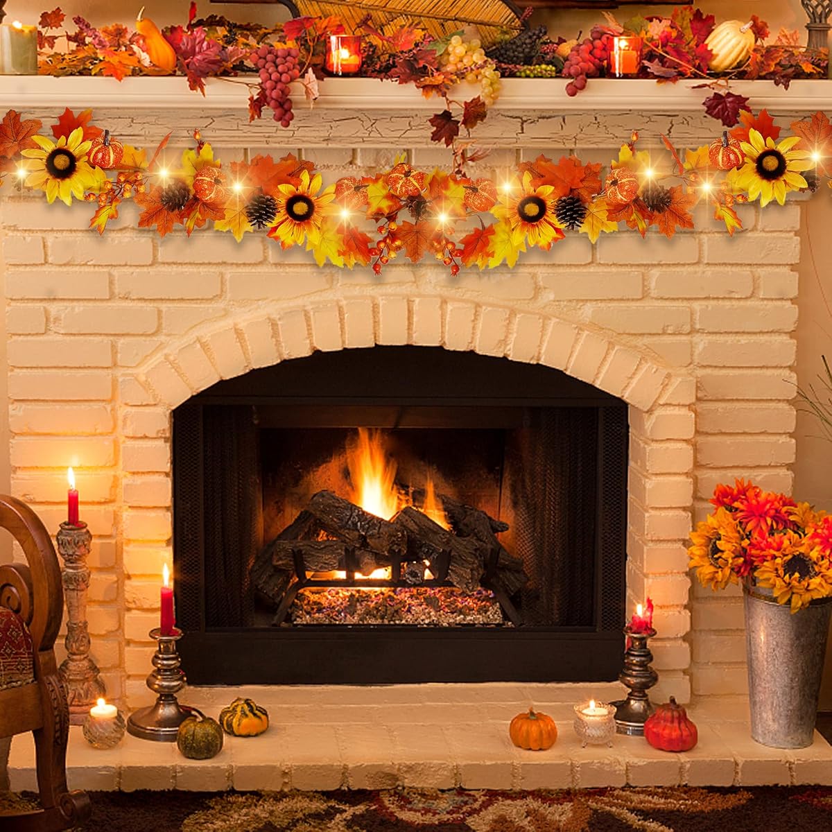 winemana Fall Maple Leaves Garland 50 LED Lights Thanksgiving & Friendsgiving Decorations, 6 Ft Hanging Vine Artificial Sunflower Pumpkin Decor for Fireplace Home Doorway Party Indoor Outdoor - imagen de detalle 4