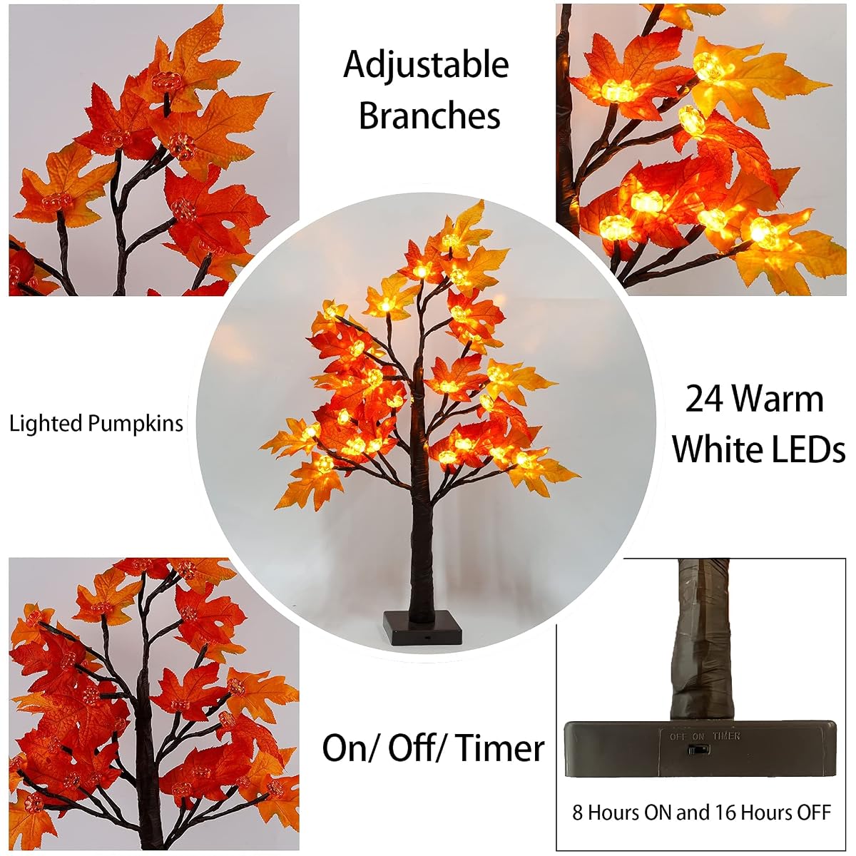 winemana 22 Inch Thanksgiving Artificial Maple Tree with Pumpkin LED Lights and Timer Harvest Autumn Fall Décor for Home Kitchen Table Centerpieces - imagen de detalle 4