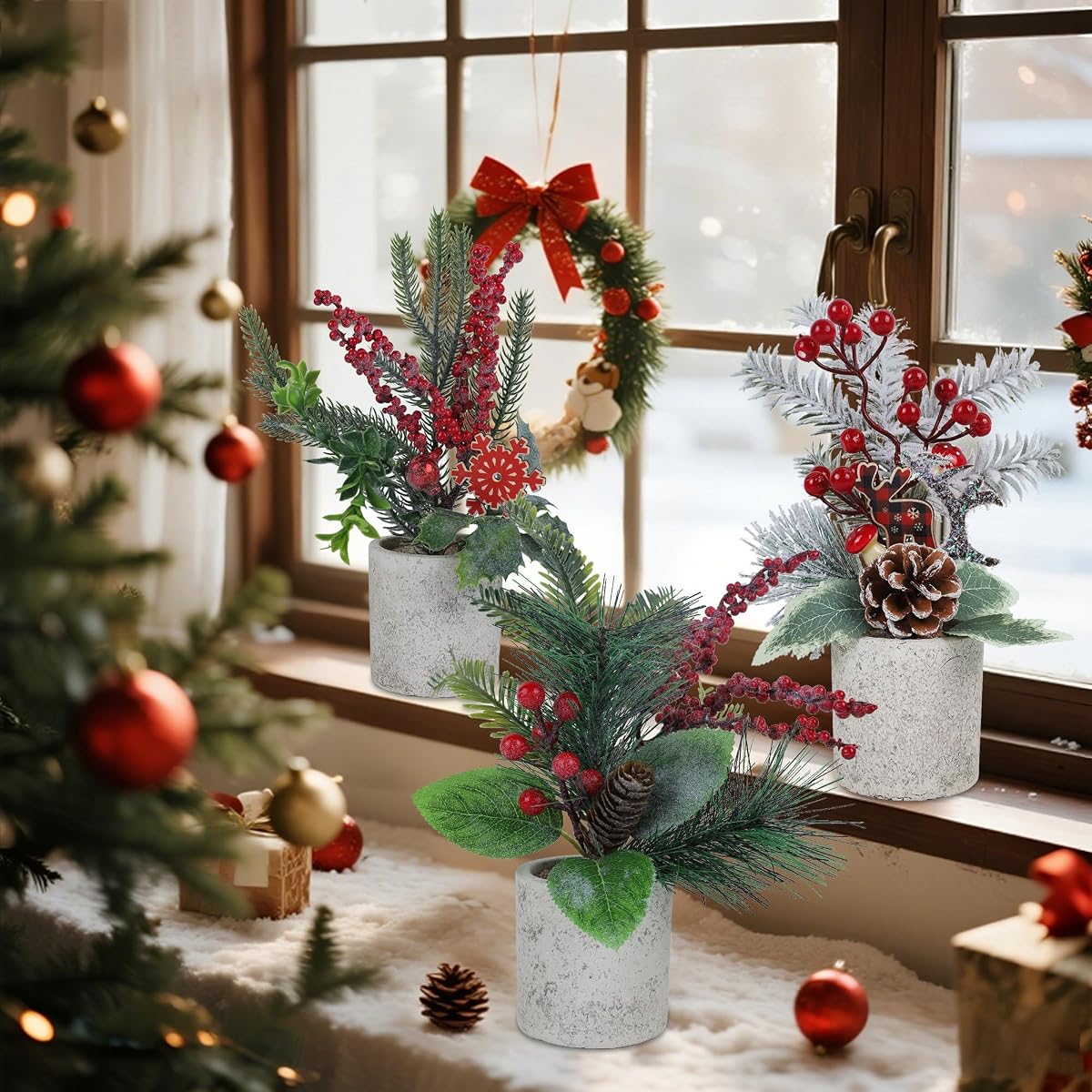 winemana 3 Pack Mini Christmas Trees for Table Centerpieces, 11 Inch Small Artificial Xmas Tree with Red Berries & Pine Cones for Home, Office Desk, Tabletop, Indoor Holiday Decorations - detail image 5