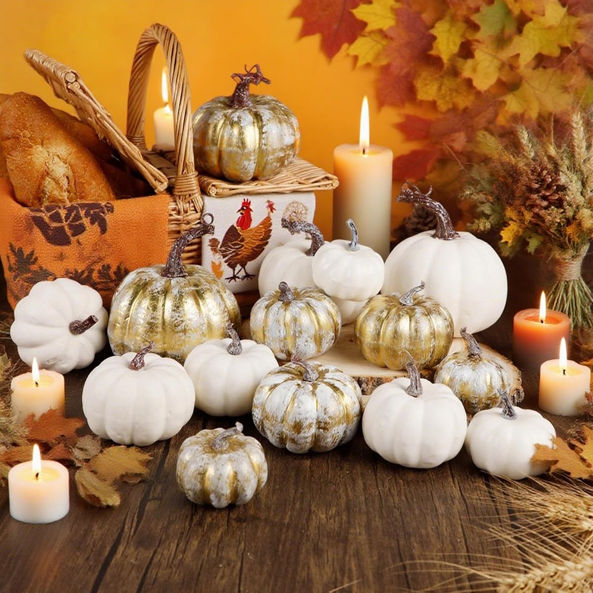 winemana 16 Pcs Golden and White Pumpkins Fall Decorations for Home - imagem de detalhe 6