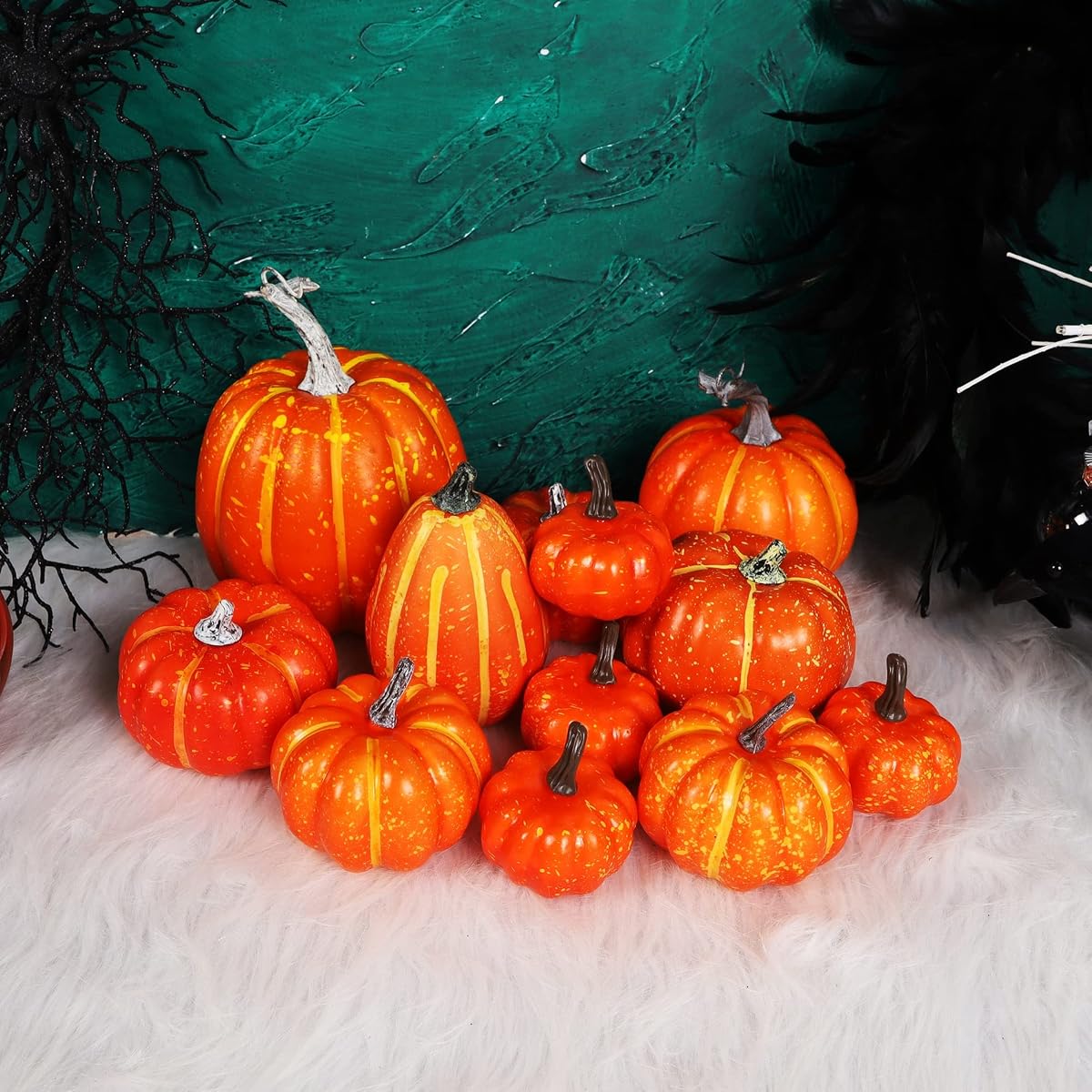 winemana 12 Pcs Orange Pumpkins Halloween Decor Indoor Artificial Pumpkins Fall Decor, Thanksgiving Decorations Harvest Autumn Decor, Fall Decorations for Home Kitchen Table Mantle Wedding Party - 细节图 6