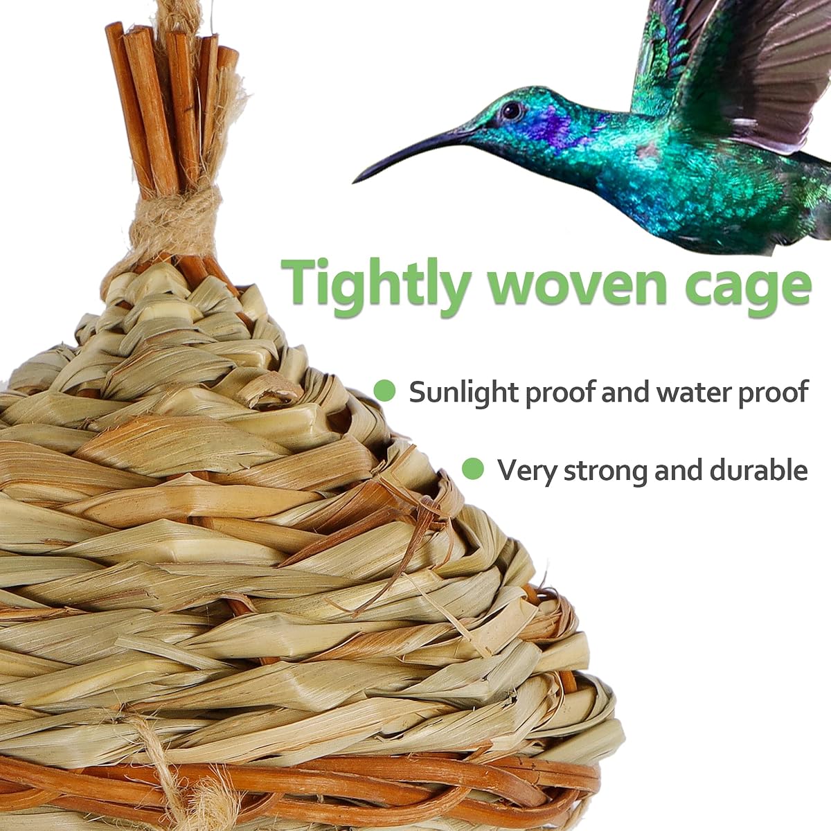 winemana 2 Pack Hanging Hummingbird Nest House, Durable Hand Woven Bird Hut, Made of Natural Grass, Perfect for Outdoor Garden Patio Lawn - imagem de detalhe 4