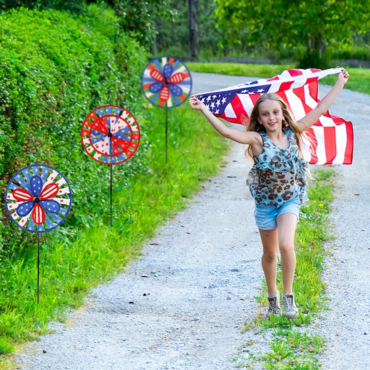 winemana 3 Pack Patriotic Pinwheel for Independence Day, 4th of July Decor Double Spinner Wheel, American Flag Red White Blue Star Décor Outdoor Yard Patio Garden Lawn (12" x 29") - imagen de detalle 5