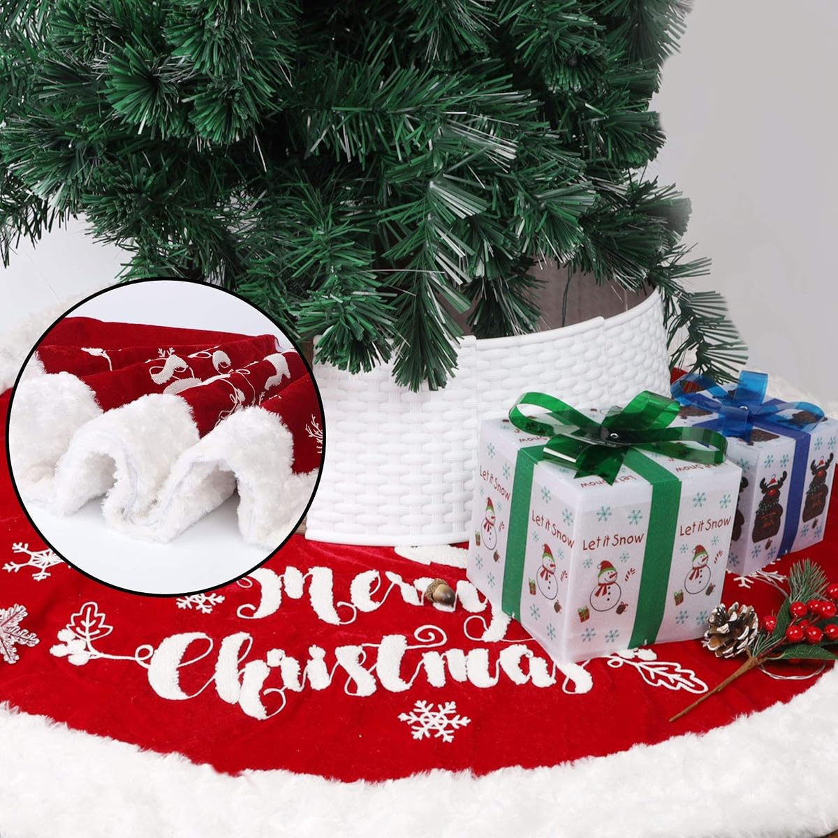 DR.DUDU 48 Inch Christmas Tree Plush Skirt Decoration for Merry Christmas Party Faux Fur Christmas Tree Skirt Decorations (Red 2) - imagen de detalle 1