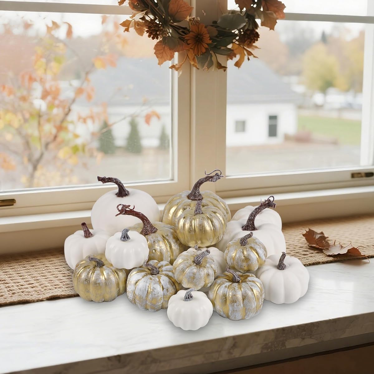 winemana 16 Pcs Golden and White Pumpkins Fall Decorations for Home - imagem de detalhe 4