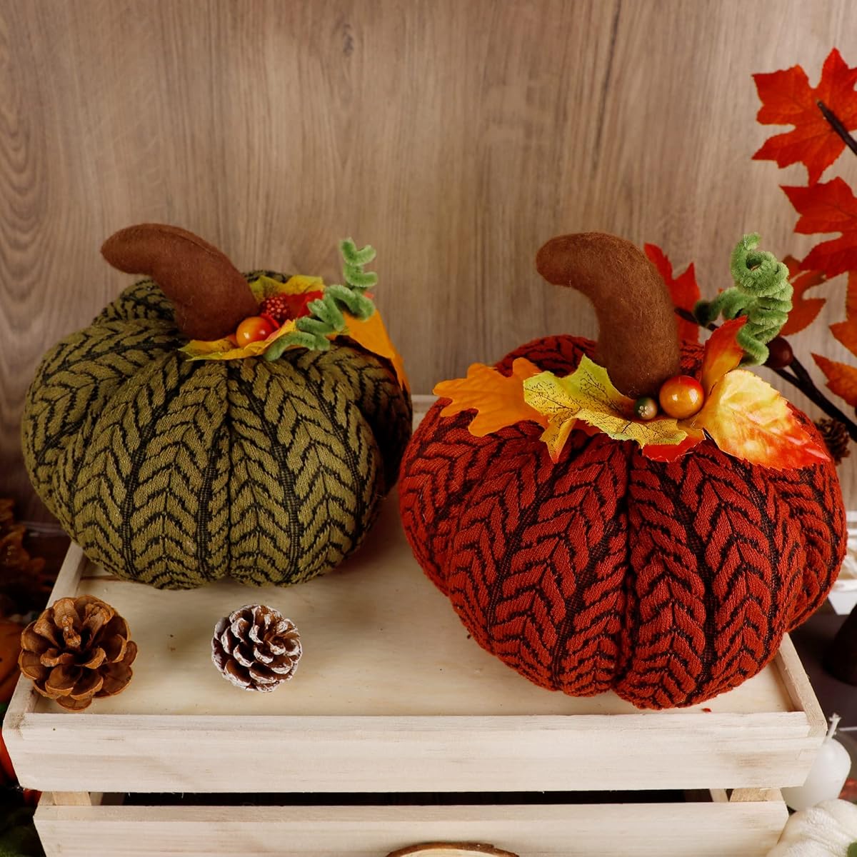 winemana Thanksgiving Decorations 2 Pack Artificial Pumpkins, Knit Wool Pumpkin Large Tabletop Centerpieces for Autumn Fall Home Kitchen Office - imagen de detalle 3