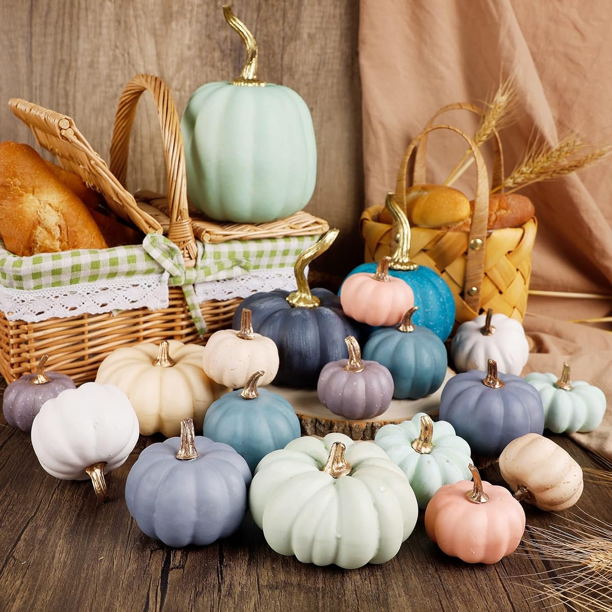 winemana 19 Pcs Thanksgiving Decorations Artificial Pumpkins, 8 Sizes 12 Colors Fall Fake Plastic Pumpkins Friendsgiving Decorations for Home Kitchen Table Indoor Outdoor Wedding Party - 细节图 4