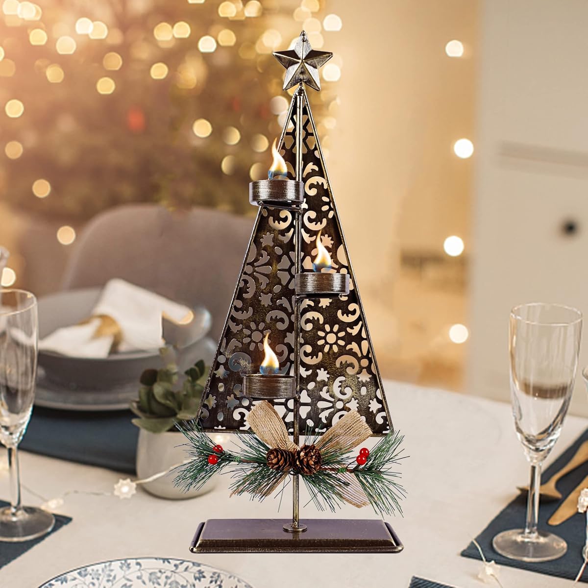 winemana Tea Light Candle Holders, Christmas Decoration Xmas Tree Metal Tealights Candleholder with Pinecones, Christmas Tabletop Centerpieces for Home Kitchen Fireplace Mantle Holiday Party Decor - imagem de detalhe 5