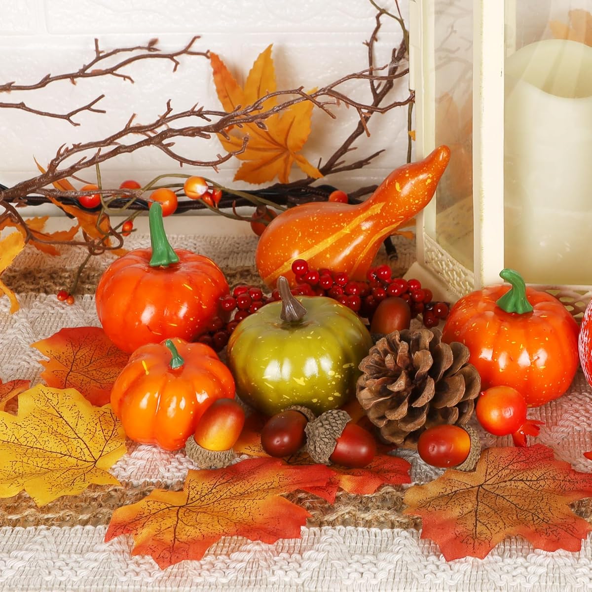 winemana 57pcs Fall Decorations for Home - Small Pumpkins for Decorating with Fake Leaves, Gourds & Pinecones -Thanksgiving Decor for Table Centerpiece Indoor Room Autumn Harvest Decor - detail image 6