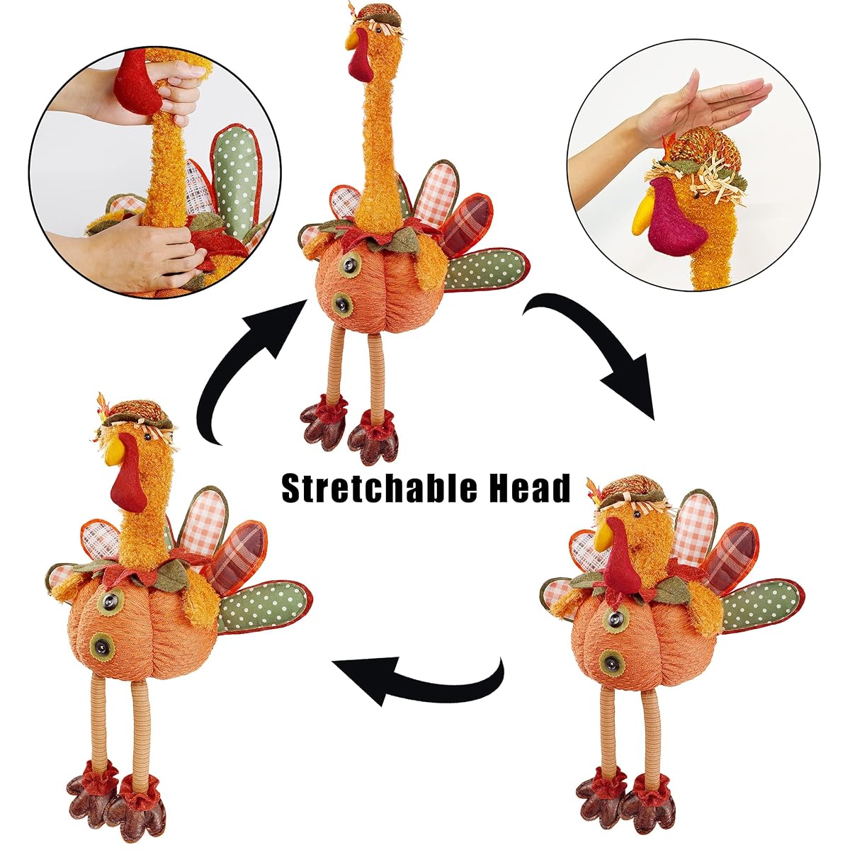 winemana Thanksgiving Tabletop Decorations 31.5" x 18.5" Turkey with Stretchable Head and Dangling Legs, Harvest Plush Turkey for Home Fall Decor (Hen) - imagen de detalle 3