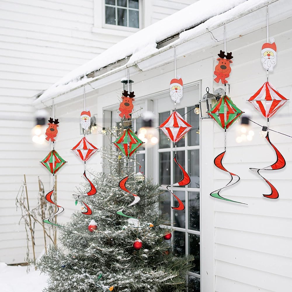 winemana Christmas Outdoor Hanging Decorations, Set of 6 Wind Spiral Windsock Spinner with Santa Claus Reindeer, Xmas Ornament for Indoor Outside Tree Porch Garden Front Yard Lawn