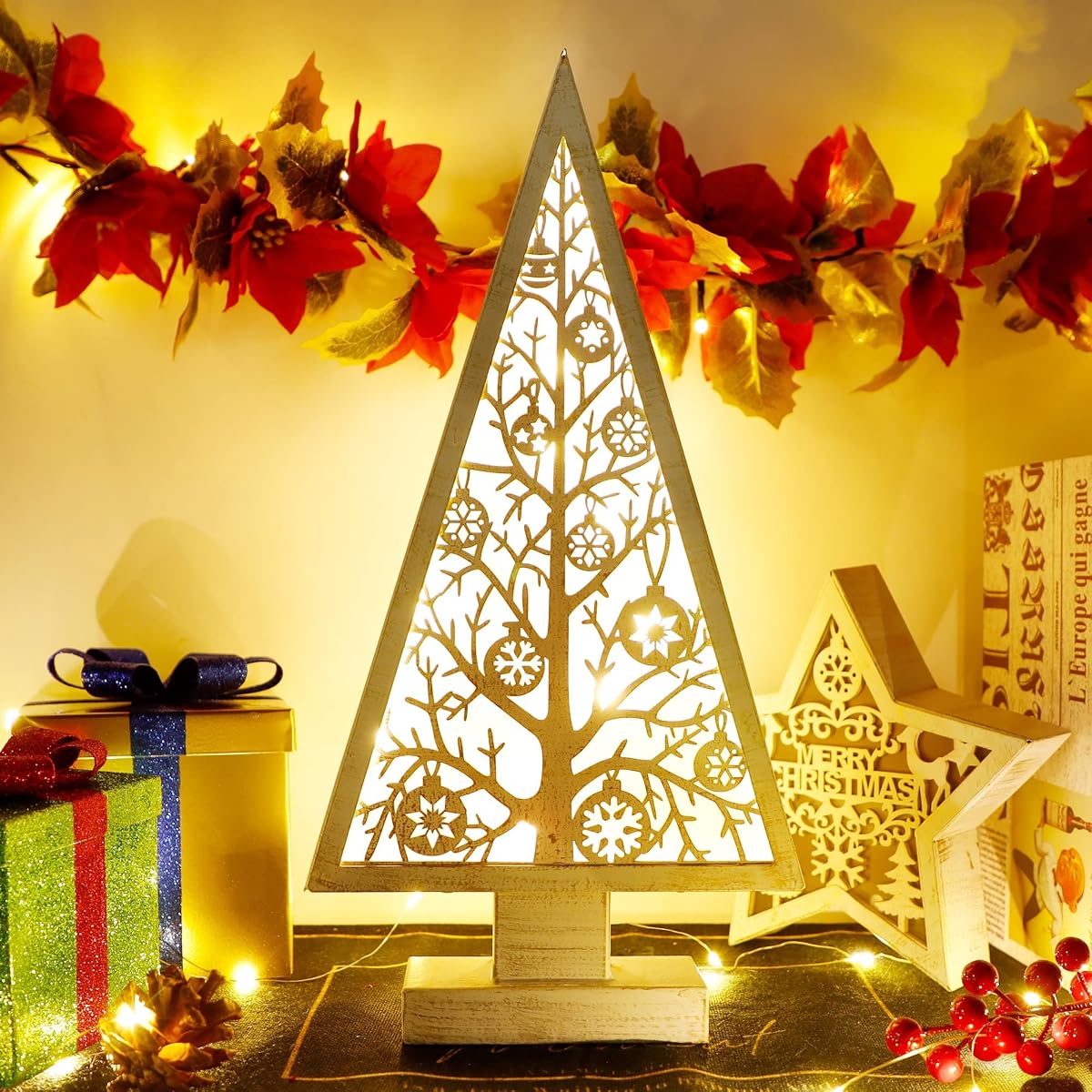 DR.DUDU Christmas Table Decorations, Christmas Tree with Hollow Star Lights Ornament, 16" x 8" Xmas Lighted Metal Tabletop Centerpiece Holiday Decor for Indoor Home Kitchen Room Office - imagem de detalhe 4