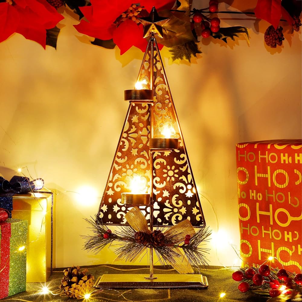winemana Tea Light Candle Holders, Christmas Decoration Xmas Tree Metal Tealights Candleholder with Pinecones, Christmas Tabletop Centerpieces for Home Kitchen Fireplace Mantle Holiday Party Decor
