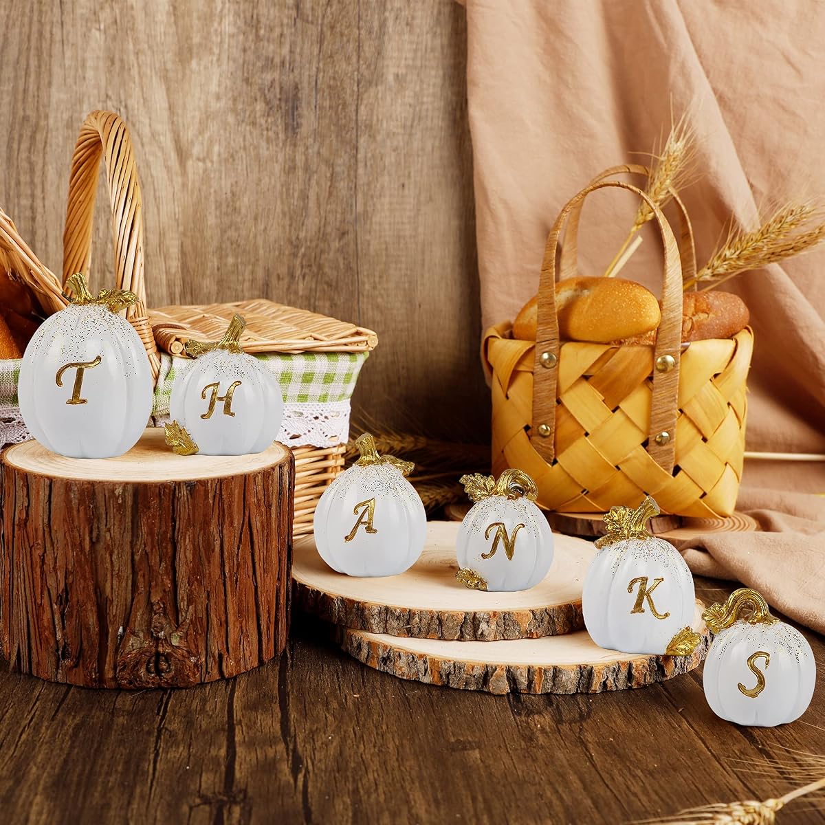 winemana Thanksgiving Pumpkins Set of 6, Fall Decor Resin Pumpkin, Thanks Tabletop Centerpieces Tiered Tray Decorations for Home Table Kitchen Office (White) - imagem de detalhe 6