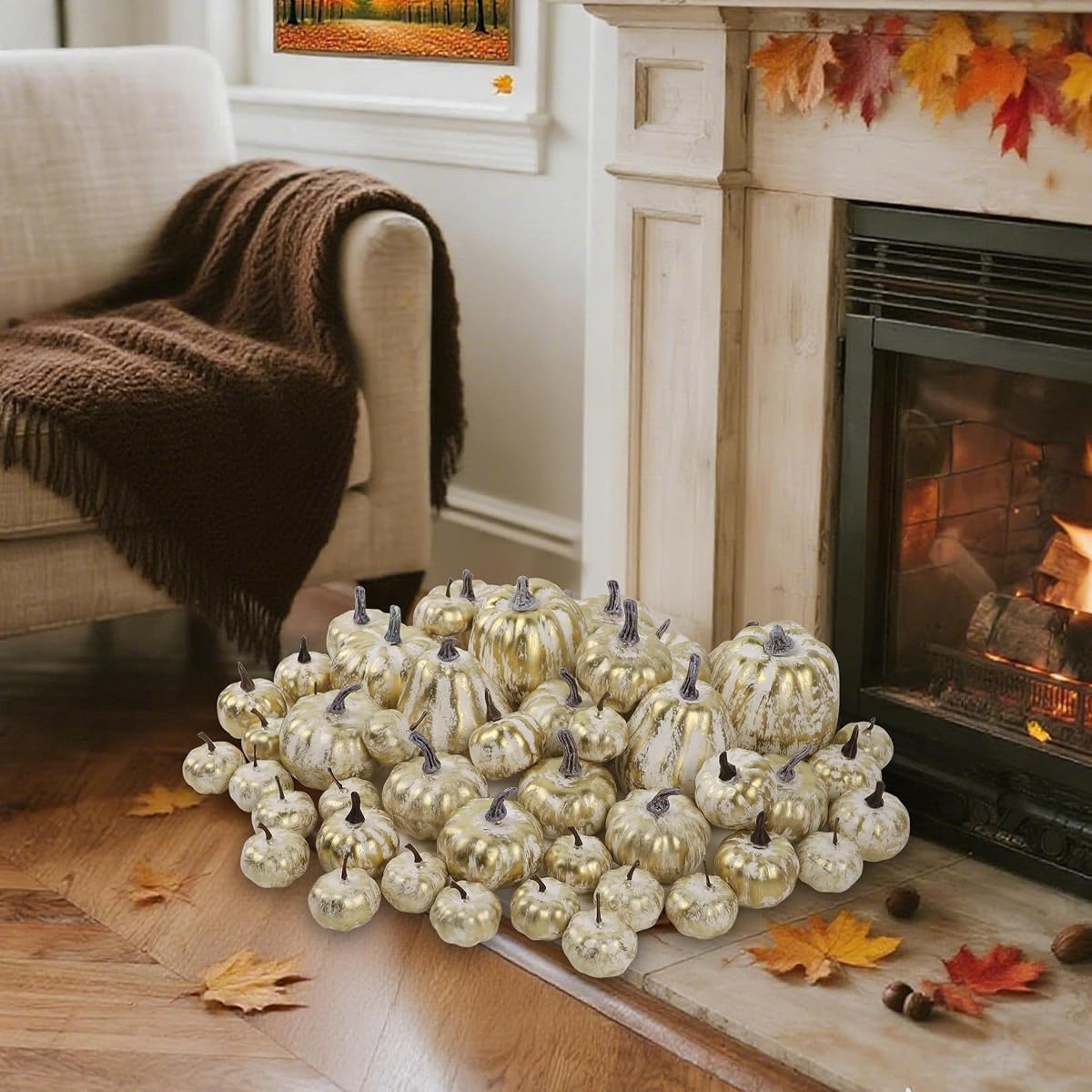 winemana 46 Pcs Artificial Gold Pumpkins Fall Decorations for Home - imagen de detalle 3