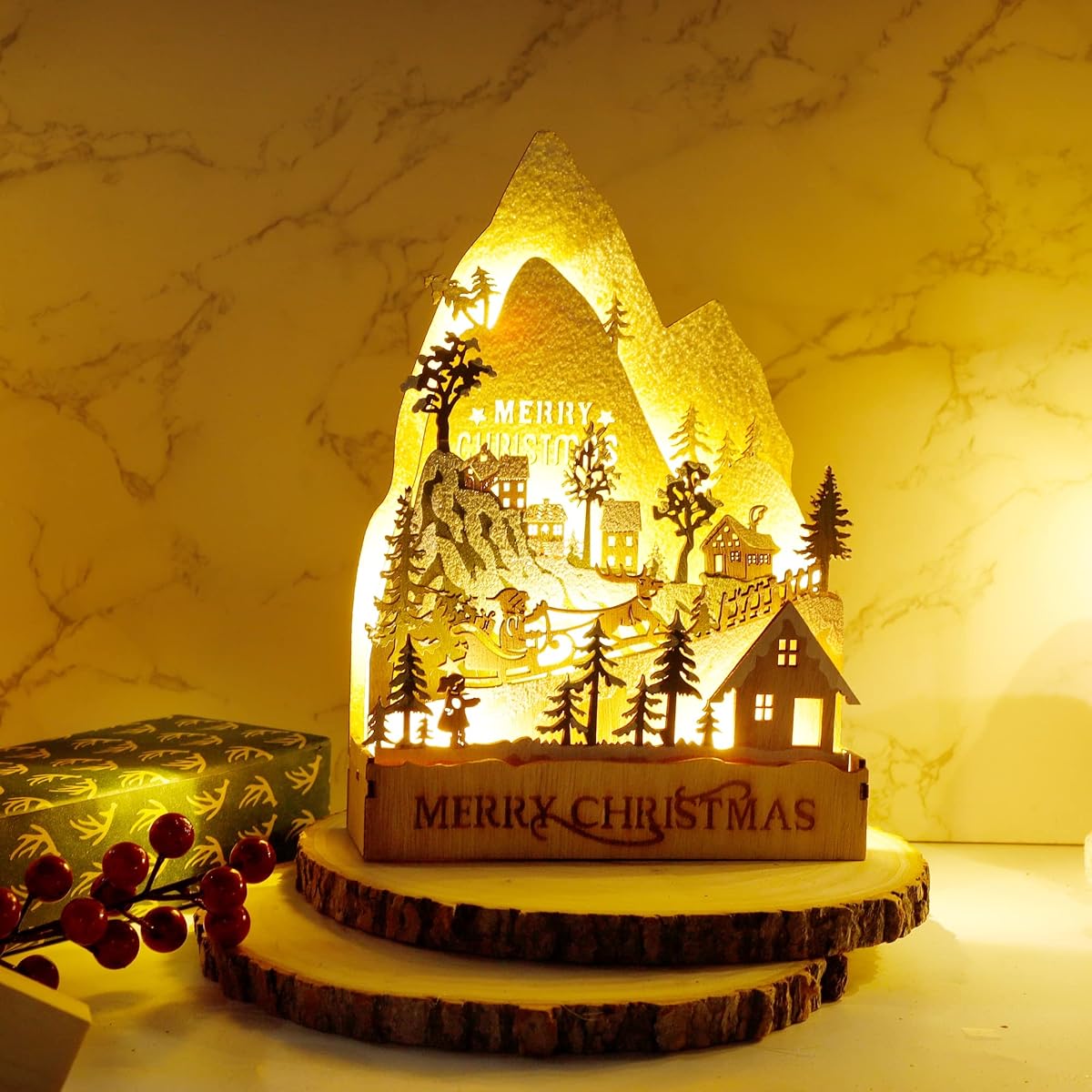 winemana Christmas Lighted Table Decorations, 9.4" x 6.7" Merry Christmas Snowy Village, Battery-Operated Wooden Tabletop Ornaments for Home Kitchen Fireplace Office Desk Indoor Holiday Decor - detail image 4