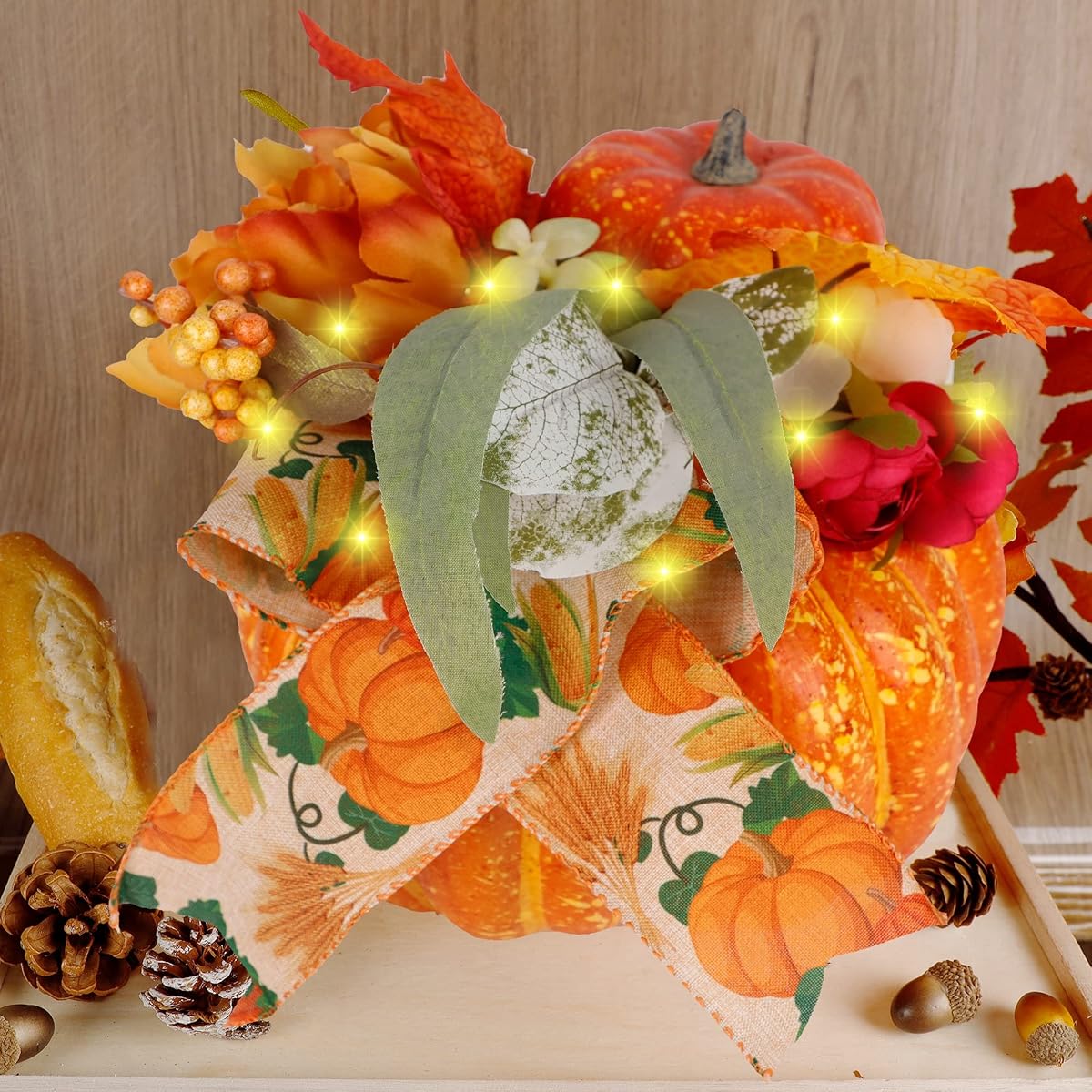 winemana Thanksgiving Pumpkin Decorations with 50 LED Lights and Artificial Flower Ribbon for Autumn Fall Harvest Décor Home Table Kitchen Indoor - imagen de detalle 5