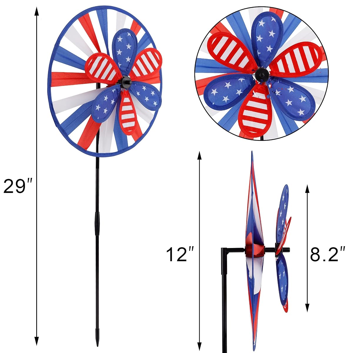 winemana 3 Pack Patriotic Pinwheel for Independence Day, 4th of July Decor Double Spinner Wheel, American Flag Red White Blue Star Décor Outdoor Yard Patio Garden Lawn (12" x 29") - imagen de detalle 1