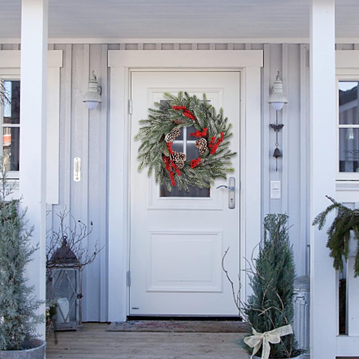 winemana 24 Inch Pre-Lit Christmas Wreath with Hanger, Timer, Pine Cone and Red Berries, Battery-Operated 20 LED Lighted Artificial Wreath Decoration for Front Door Mantel Xmas Party - imagem de detalhe 4