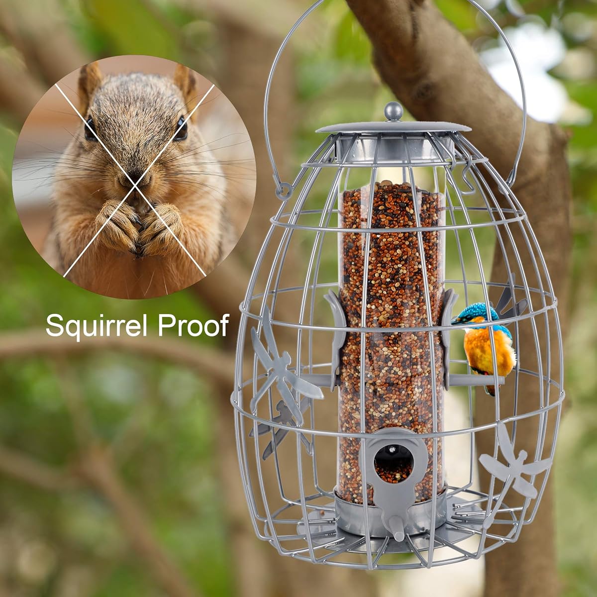 winemana Outdoor Hanging Wild Bird Feeder, Caged Tube Bird Feeder Outside, Can Be Filled with Seeds, Squirrel Proof with Large Metal Guard Cage for Small Birds Brome Finch Hummingbird, Silver - imagem de detalhe 5
