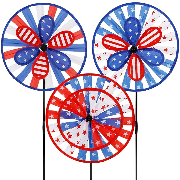 winemana 3 Pack Patriotic Pinwheel for Independence Day, 4th of July Decor Double Spinner Wheel, American Flag Red White Blue Star Décor Outdoor Yard Patio Garden Lawn (12" x 29")