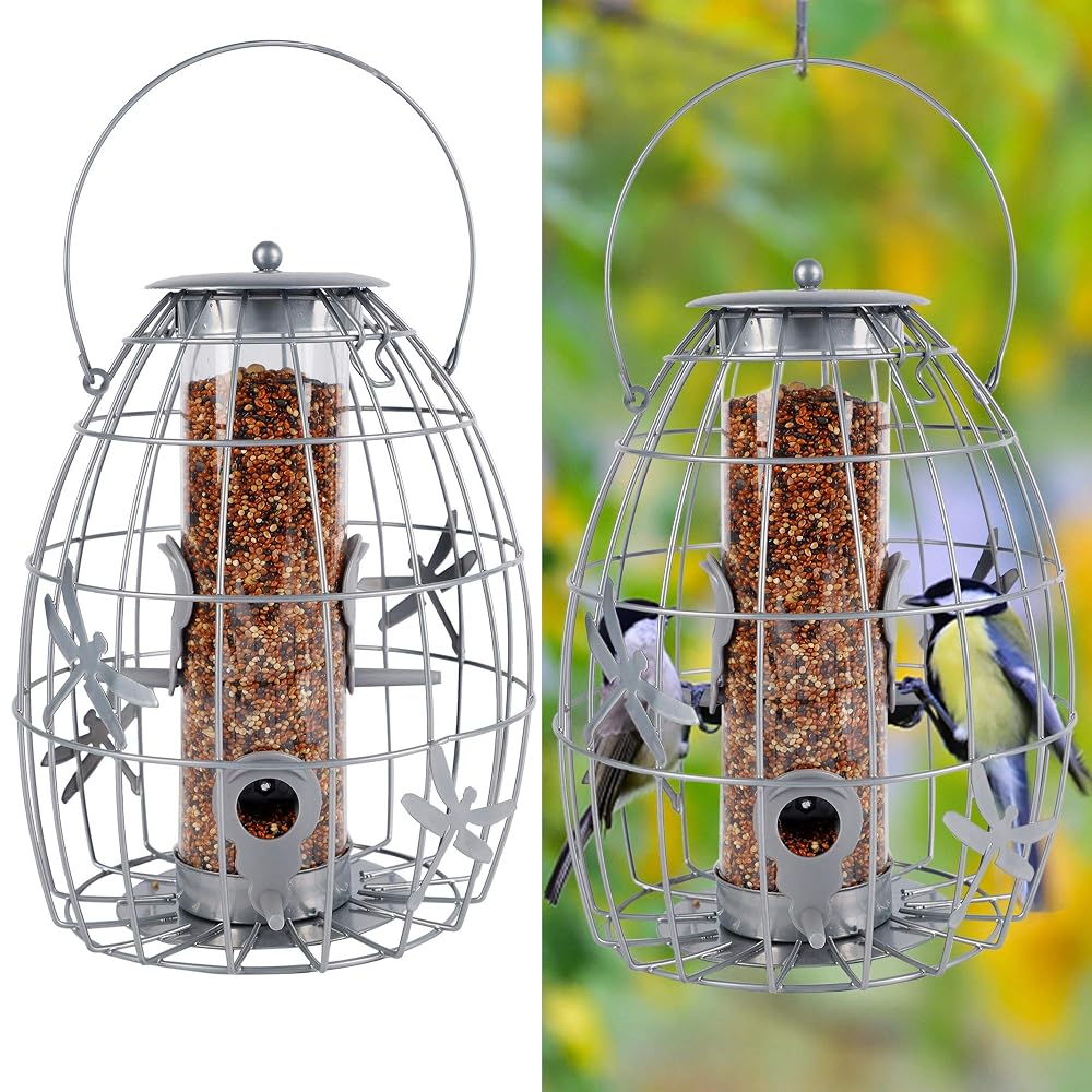 winemana Outdoor Hanging Wild Bird Feeder, Caged Tube Bird Feeder Outside, Can Be Filled with Seeds, Squirrel Proof with Large Metal Guard Cage for Small Birds Brome Finch Hummingbird, Silver