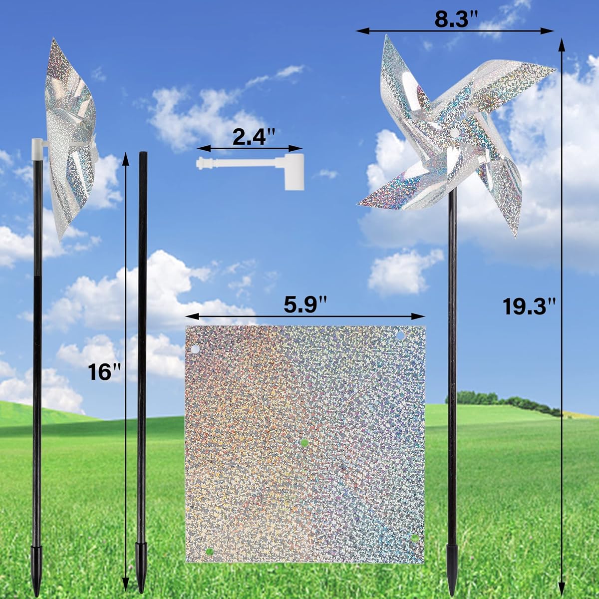 winemana 12 Pcs Reflective Pinwheels, 19 Inch Pinwheel with Stakes, Keep Birds Away Scare Bird Pinwheels for Garden Lawn Yard Backyard Farm Decor (Silvery) - detail image 1