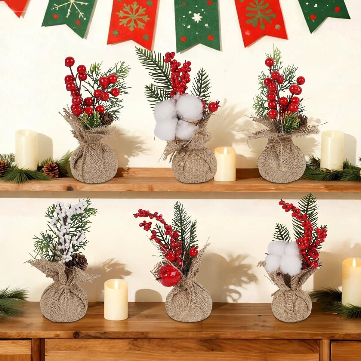 winemana 6 Pcs Mini Christmas Tree Table Decorations, 8" Small Artificial Trees with Red Berries Pine Cone Greenery Tabletop Centerpiece for Home Office Room Holiday Decorations - imagem de detalhe 1