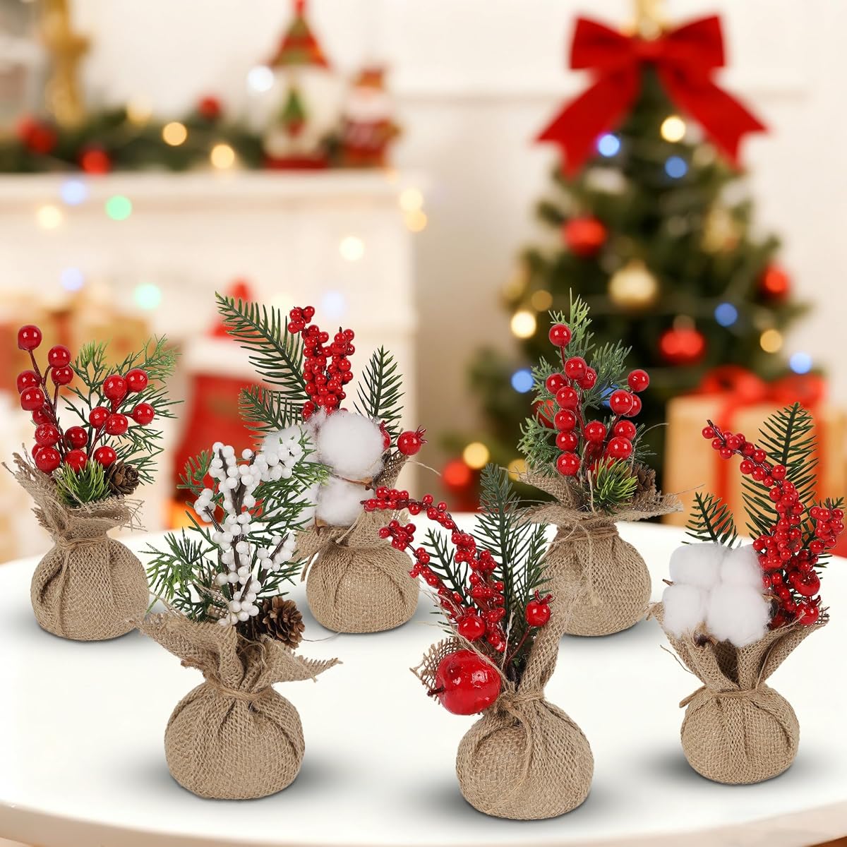 winemana 6 Pcs Mini Christmas Tree Table Decorations, 8" Small Artificial Trees with Red Berries Pine Cone Greenery Tabletop Centerpiece for Home Office Room Holiday Decorations - imagem de detalhe 6
