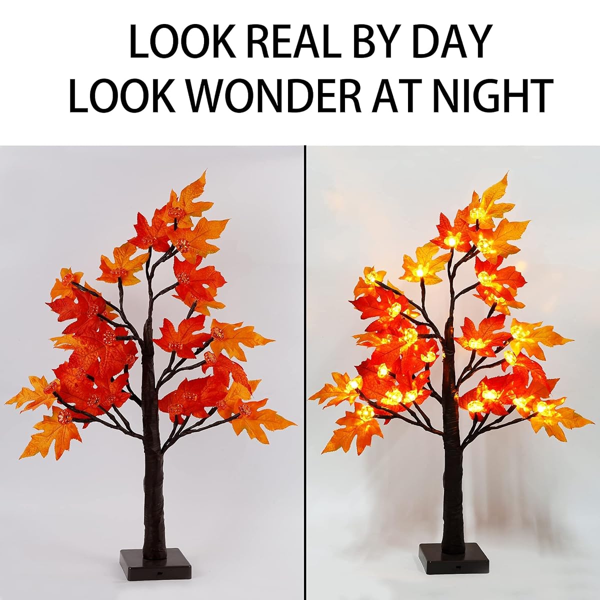 winemana 22 Inch Thanksgiving Artificial Maple Tree with Pumpkin LED Lights and Timer Harvest Autumn Fall Décor for Home Kitchen Table Centerpieces - imagen de detalle 3