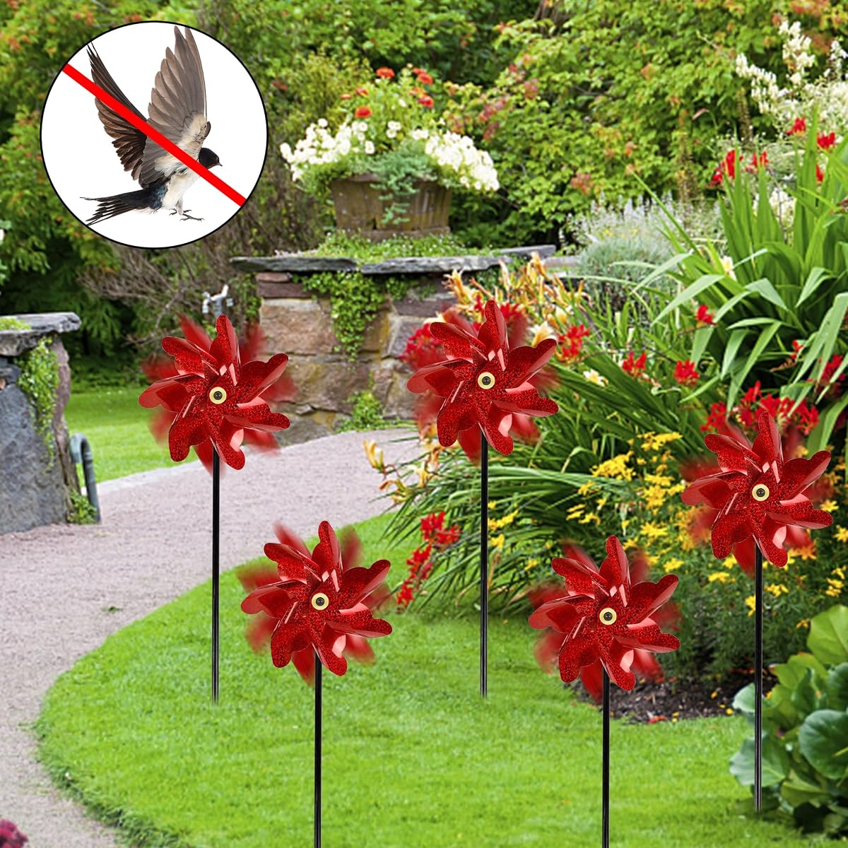 winemana 10 Pcs Reflective Pinwheels, 19 Inch Pinwheel with Garden Stakes Scare Birds for Garden Yard Lawn Farm Decor (Red) - imagem de detalhe 4