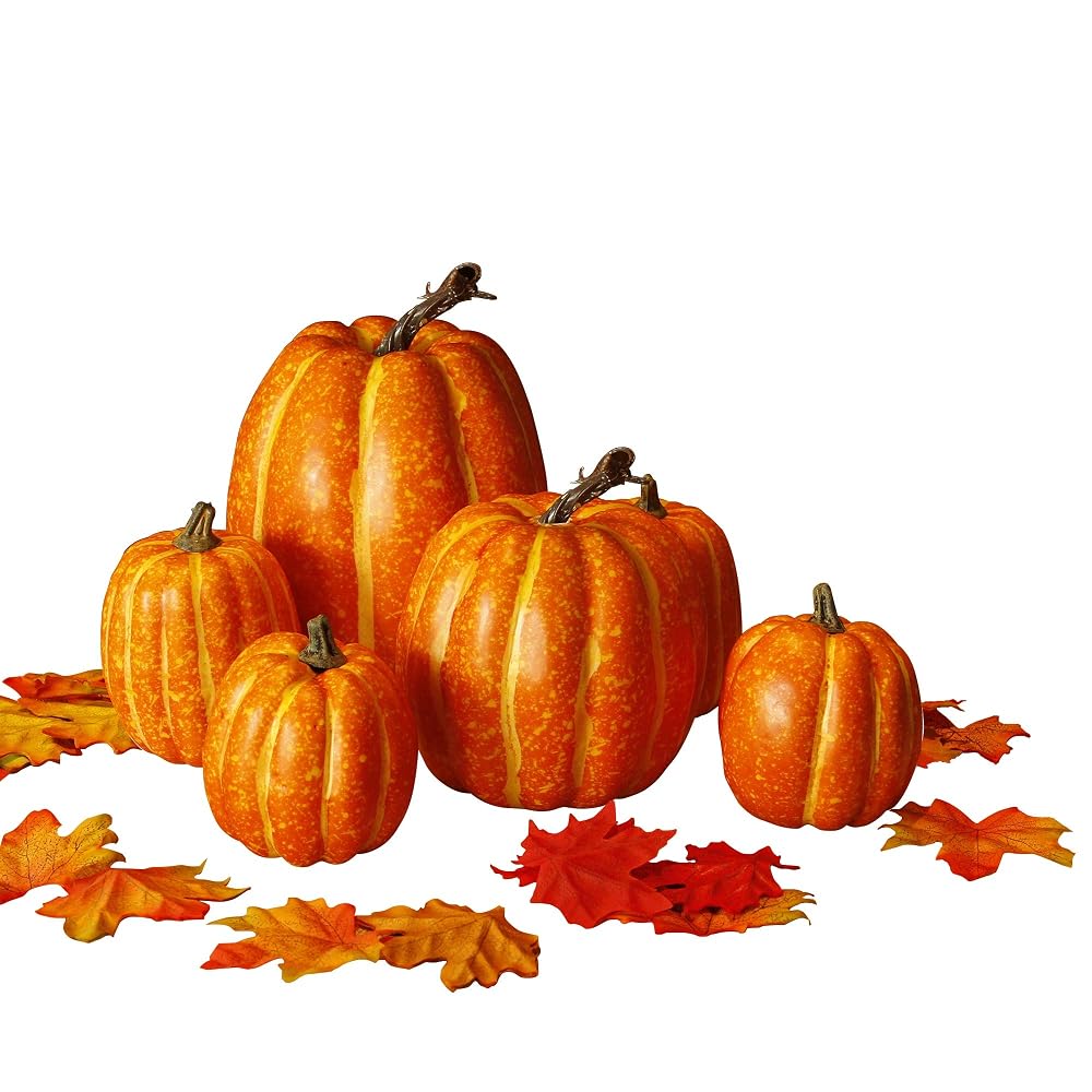 winemana Thanksgiving Decorations Artificial Pumpkins, Realistic Foam Yellow Pumpkin with 100 pcs Maple Leaves Made of Cloth, Fall Decorations for Home Kitchen Table Indoor Outdoor