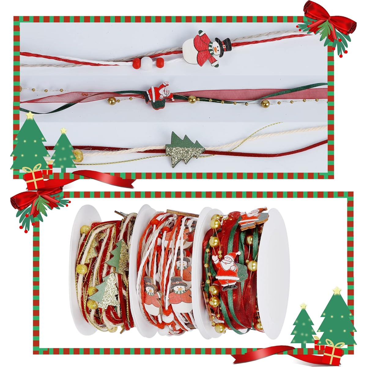 winemana 3 Pack 16.4 Ft Christmas Beads Ribbon, Christmas Tree Trim Rope with Santa Claus Snowman, Xmas Decorations for Garland, Wreath, Gift Wrapping, DIY Crafts Ornaments, Wedding Party Decor - imagen de detalle 4