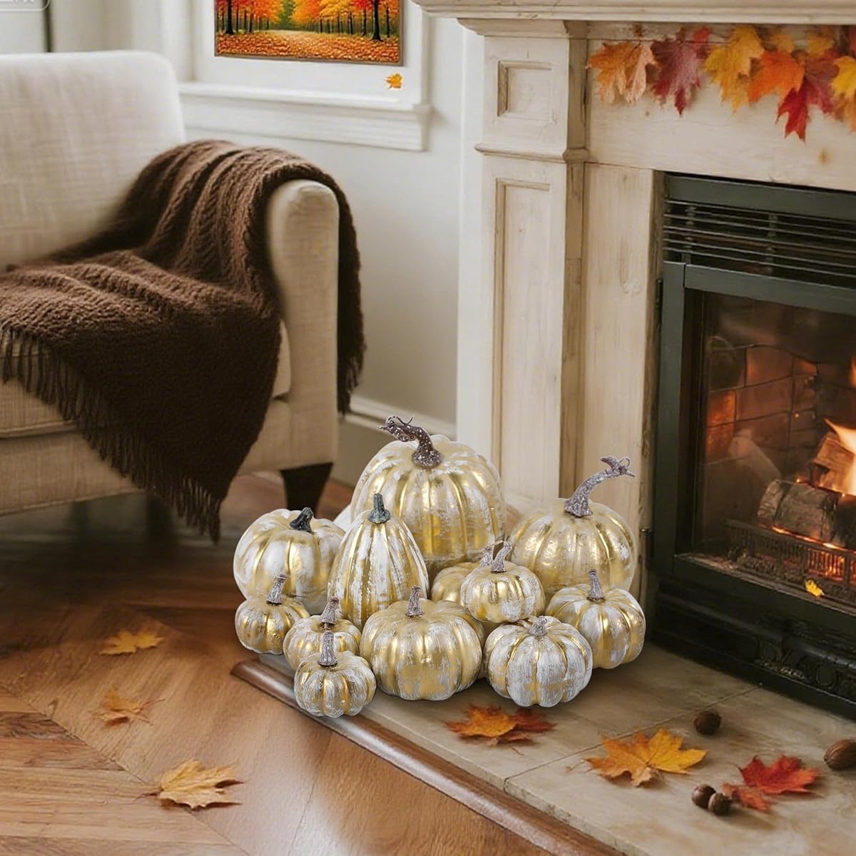 winemana 12 Pcs Pumpkin Fall Decorations, Golden Artificial Pumpkins - imagem de detalhe 3