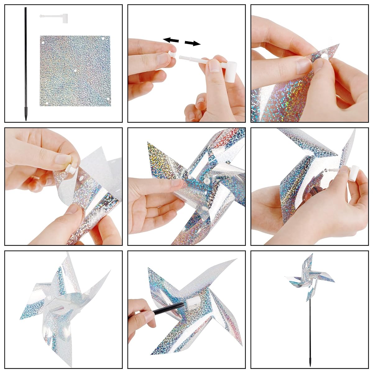 winemana 12 Pcs Reflective Pinwheels, 19 Inch Pinwheel with Stakes, Keep Birds Away Scare Bird Pinwheels for Garden Lawn Yard Backyard Farm Decor (Silvery) - detail image 2