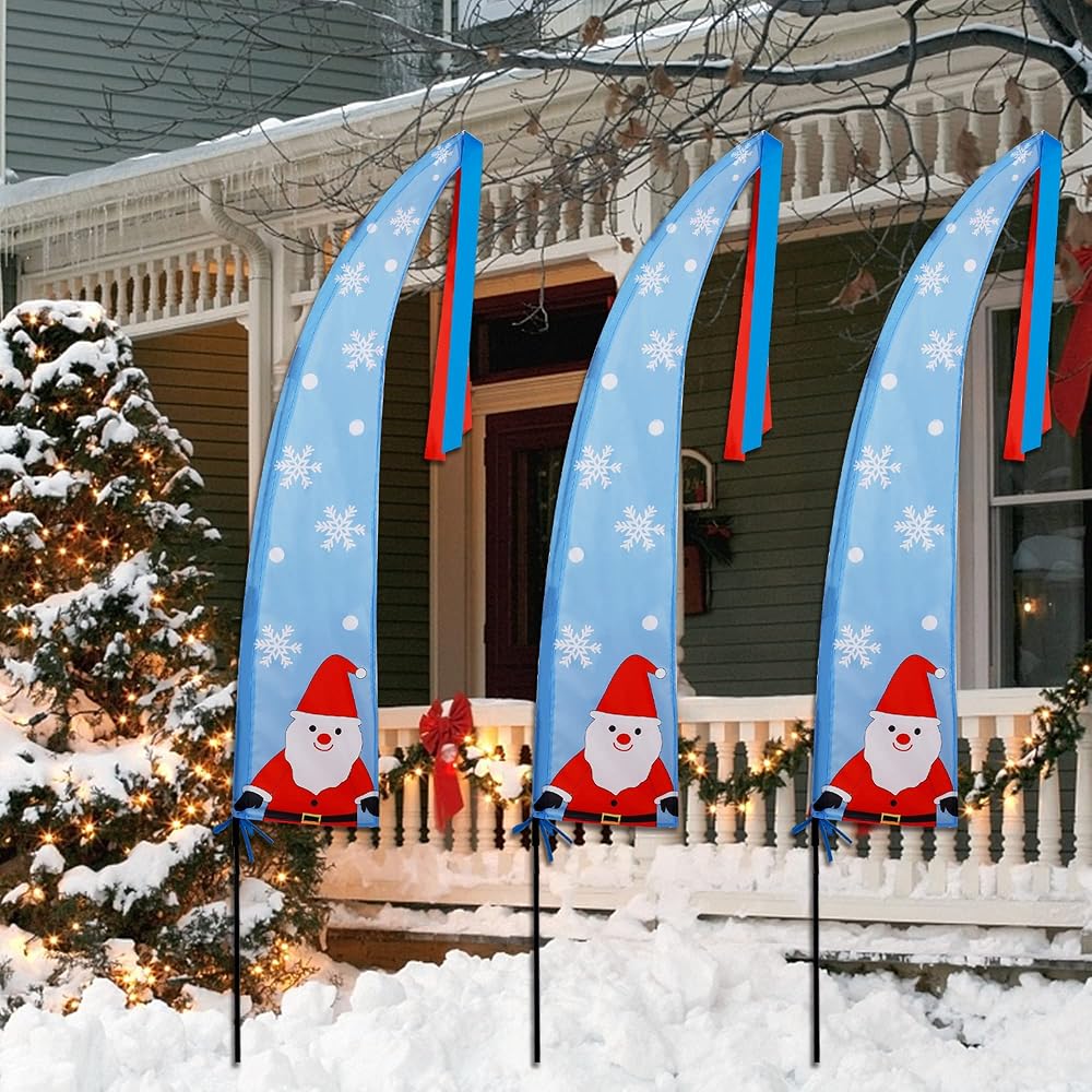 winemana 3 Pack 5 FT Christmas Outdoor Decorations Santa Claus Feather Flags with Garden Stakes, Merry Christmas Banner Stakes, Perfect for Garden Yard Lawn Front Porch Holiday Party