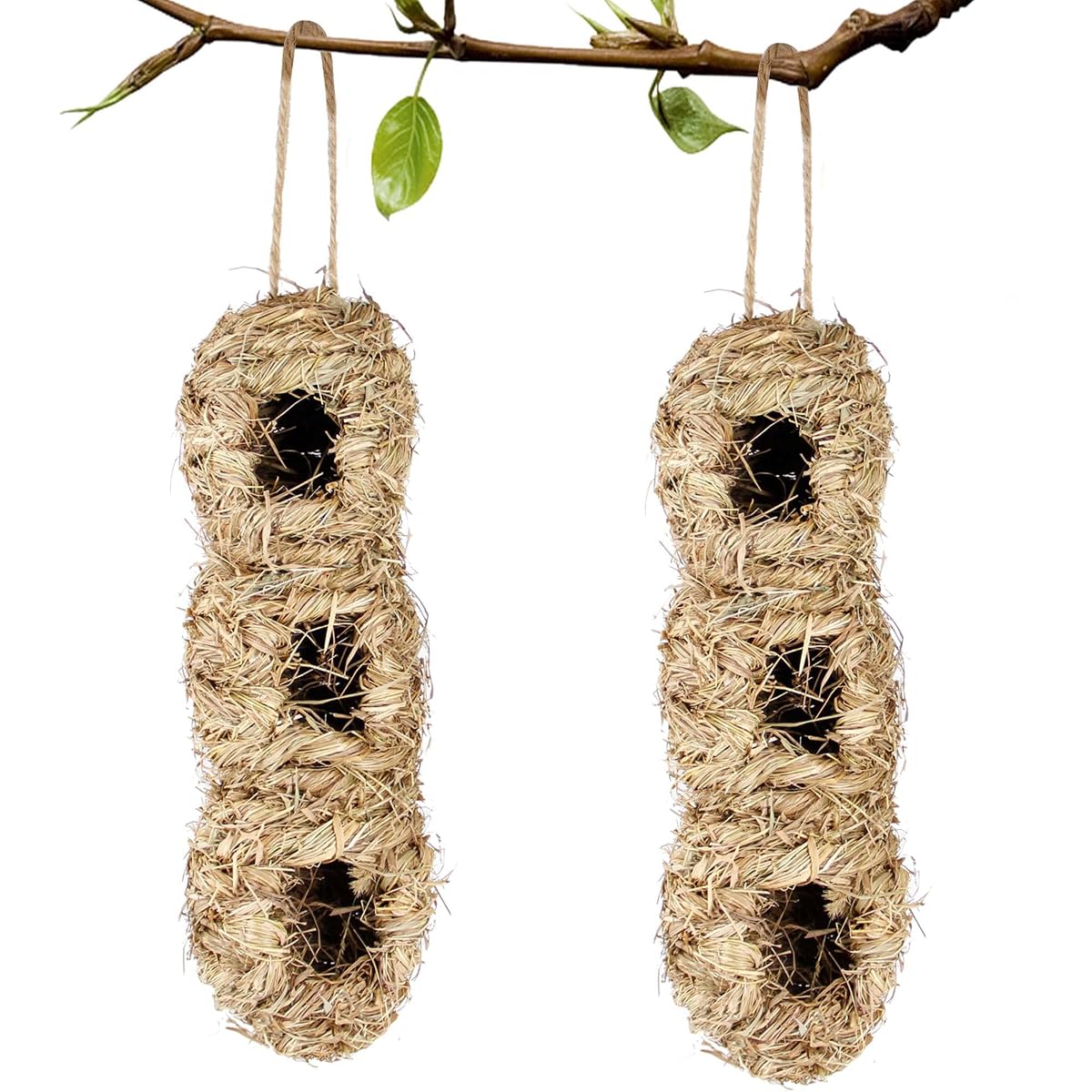 winemana Hand Woven Hummingbird House, Set of 2 Bird Hut 12" x 4", Outside Grass Hanging Bird Hut, Hanging Hummingbird Houses with 3 Holes - imagem de detalhe 2
