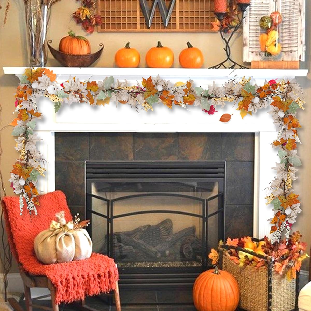 winemana Fall Garland Decor, Maple Leaves Garlands Decorations for Home with Pumpkins, 6FT Autumn Thanksgiving Decoration for Indoor Outdoor Mantel Fireplace Farmhouse Porch Table - imagem de detalhe 3