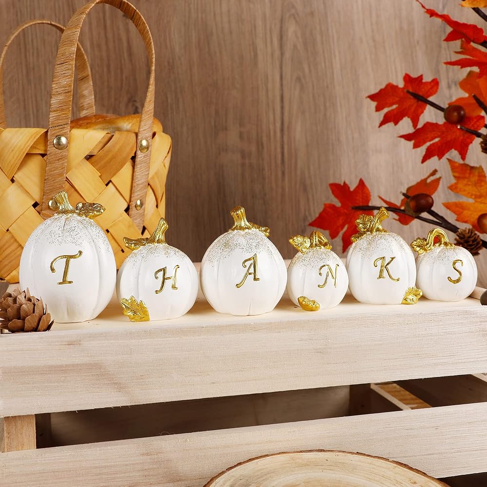 winemana Thanksgiving Pumpkins Set of 6, Fall Decor Resin Pumpkin, Thanks Tabletop Centerpieces Tiered Tray Decorations for Home Table Kitchen Office (White)