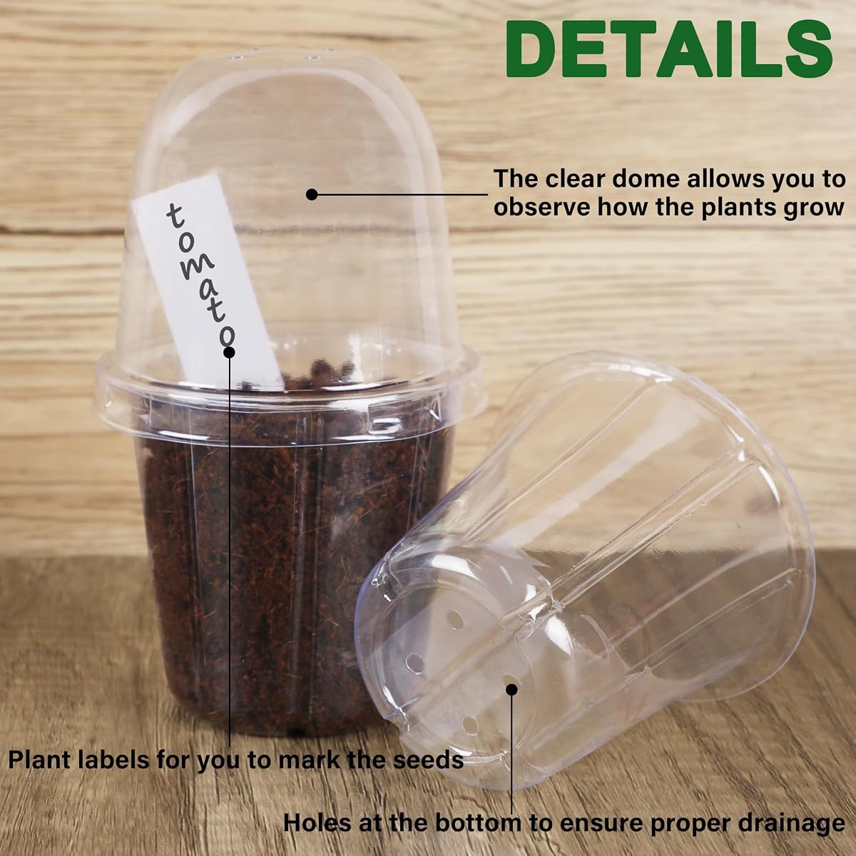 winemana 36 Set Nursery Pots with Humidity Dome, Clear Nursery Pots for Plants, Seed Starting Pots with Drainage Holes & Plant Labels for Vegetables Flowers Garden Plants - 细节图 3