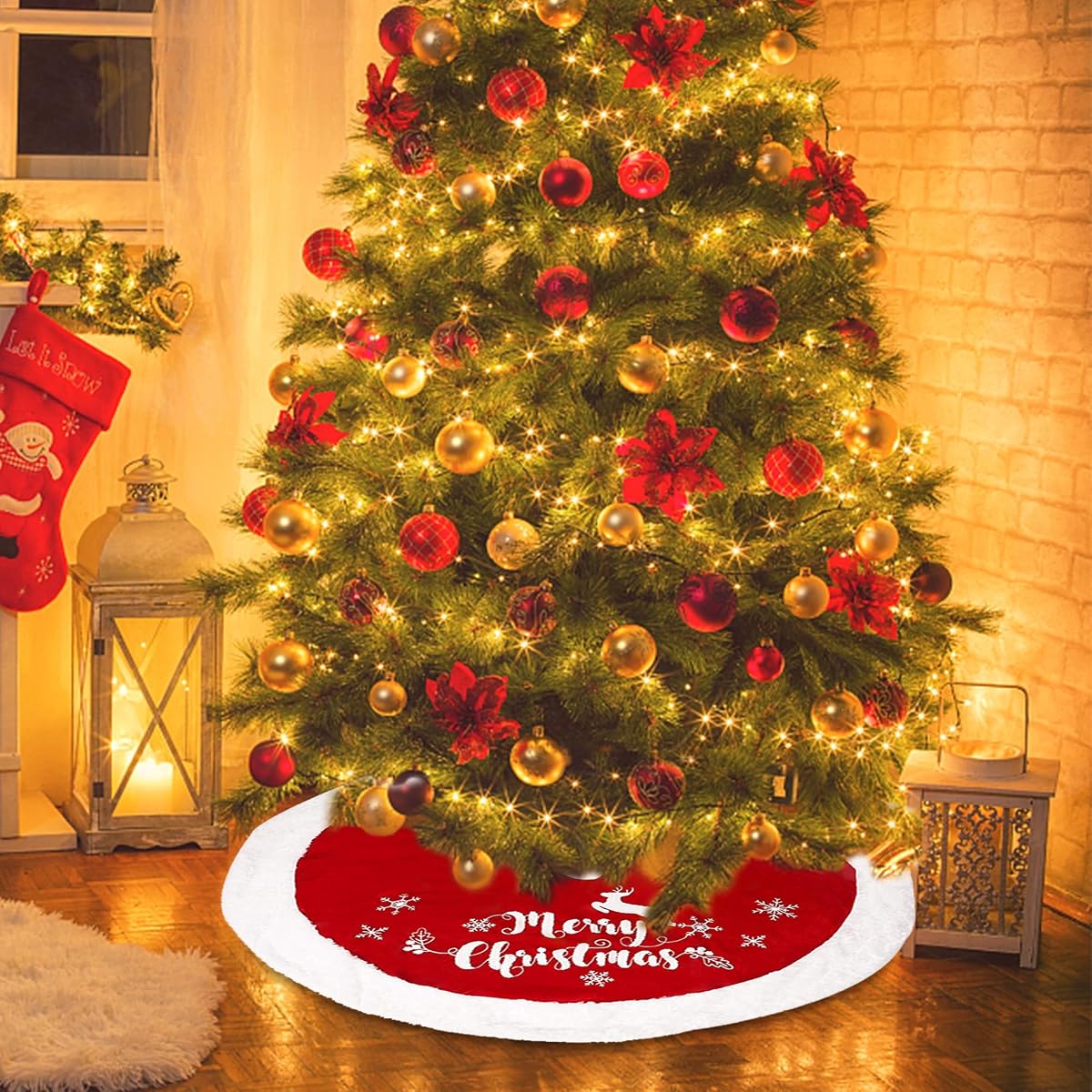 DR.DUDU 48 Inch Christmas Tree Plush Skirt Decoration for Merry Christmas Party Faux Fur Christmas Tree Skirt Decorations (Red 1) - detail image 6
